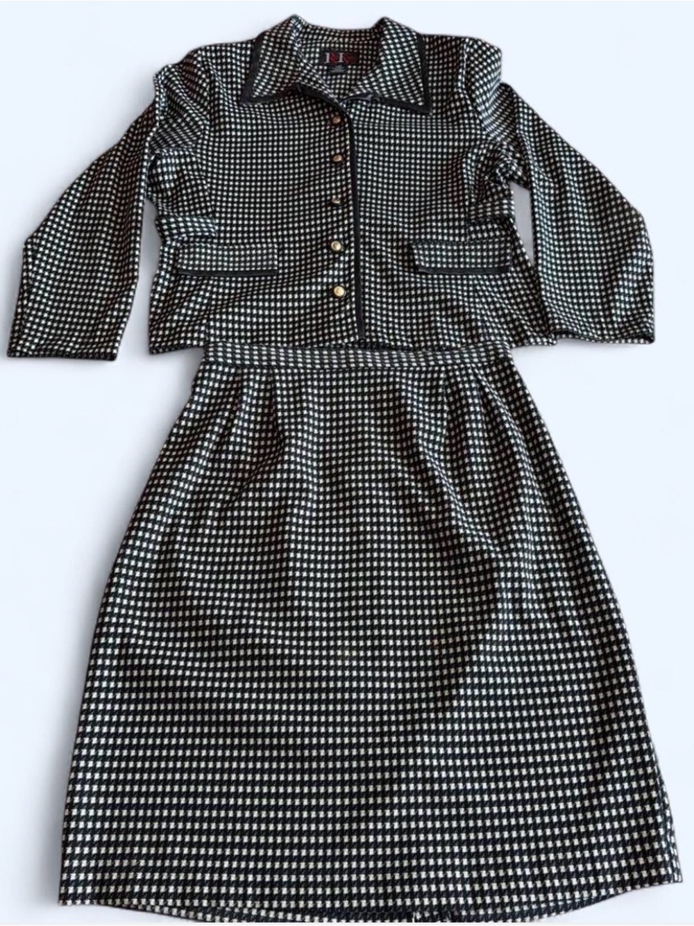 Black and White Houndstooth Two-Piece Midi Skirt/Blazer set by R & K. Size 14P